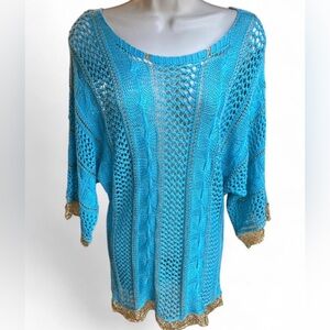 Vintage Alberto Makali Boho Crochet Tunic Top Aqua Gold Metallic Open Knit L